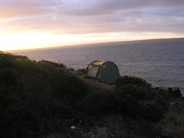 sea with plants and tent - free image